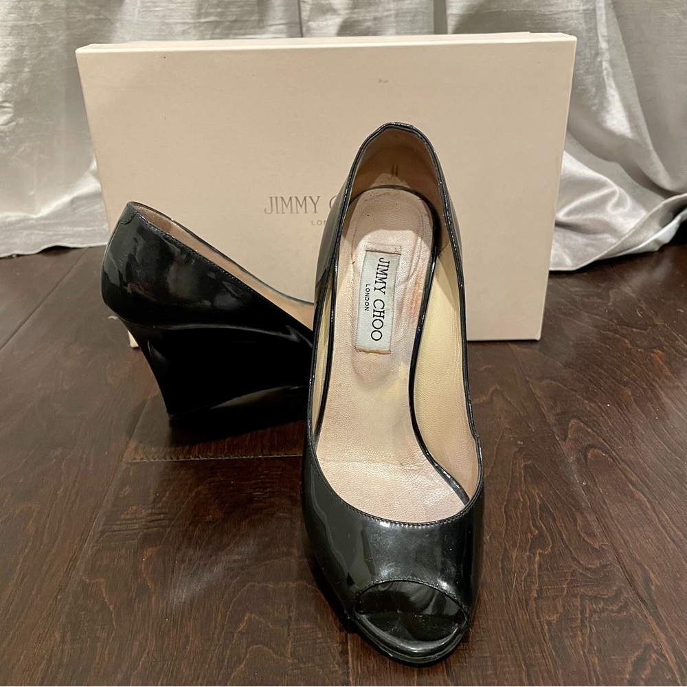 Jimmy Choo Black Patent Leather Peep toe Wedges
